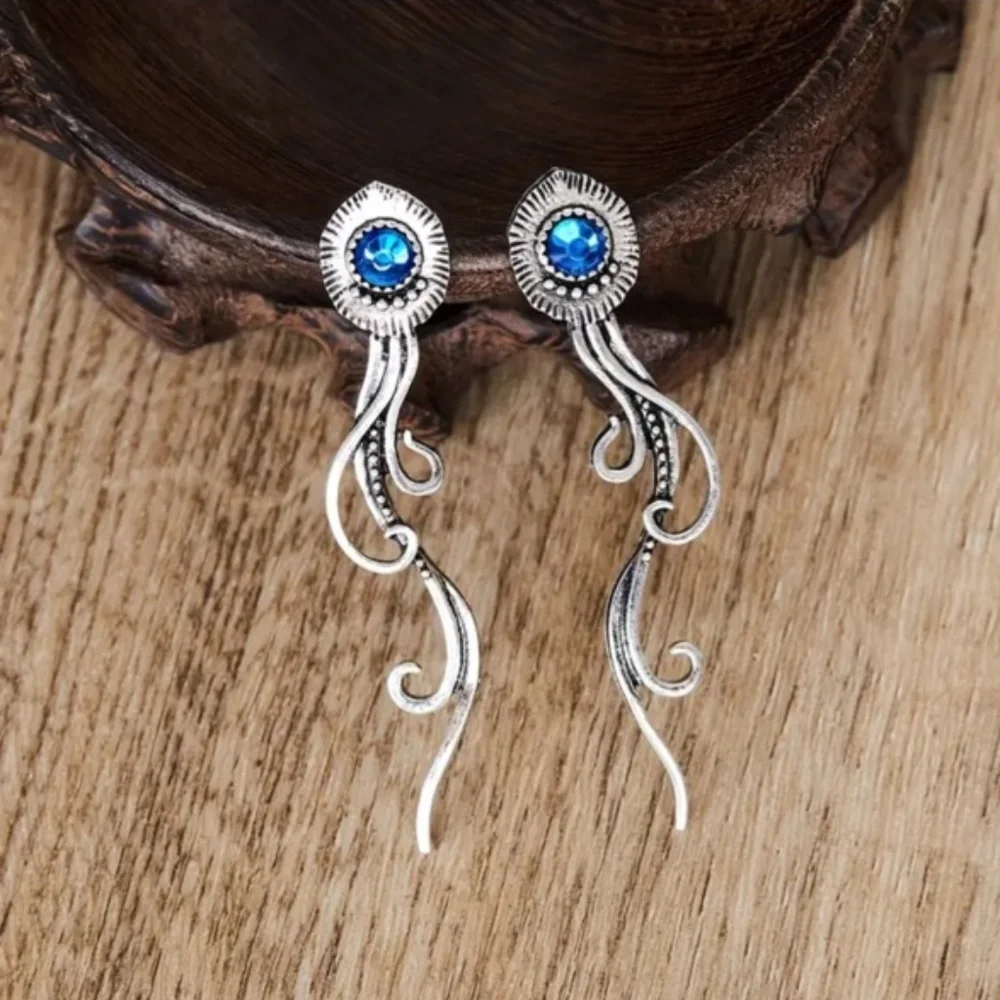 NWT! Long Gorgeous Silver Tone Pierced Dangle Earrings with Round Blue Cabochon!